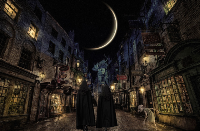 Two cloaked wizards and a house elf walk through Diagon Alley at night