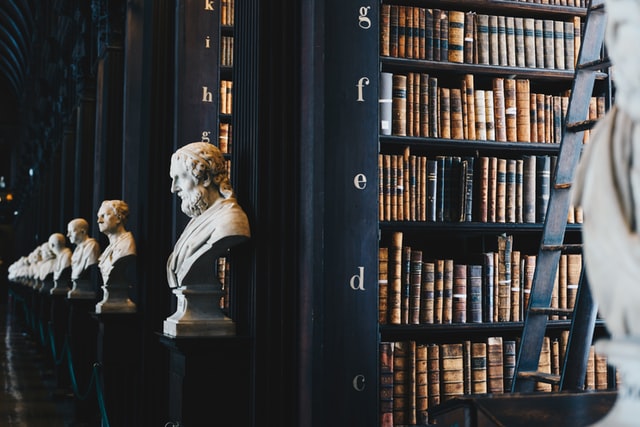 Old library shelves lined with marble statue busts